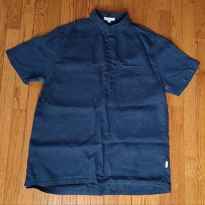 Onia Men 100% Linen Short Sleeve Button Up Shirt Size L Navy Blue Natural Cool